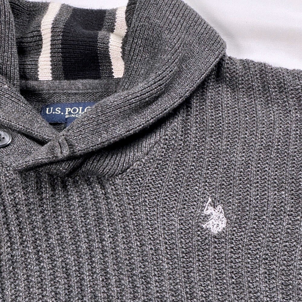 U.S. Polo Assn. Shawl Collar Sweater Men Medium Dark Gray Pullover‎ Knit